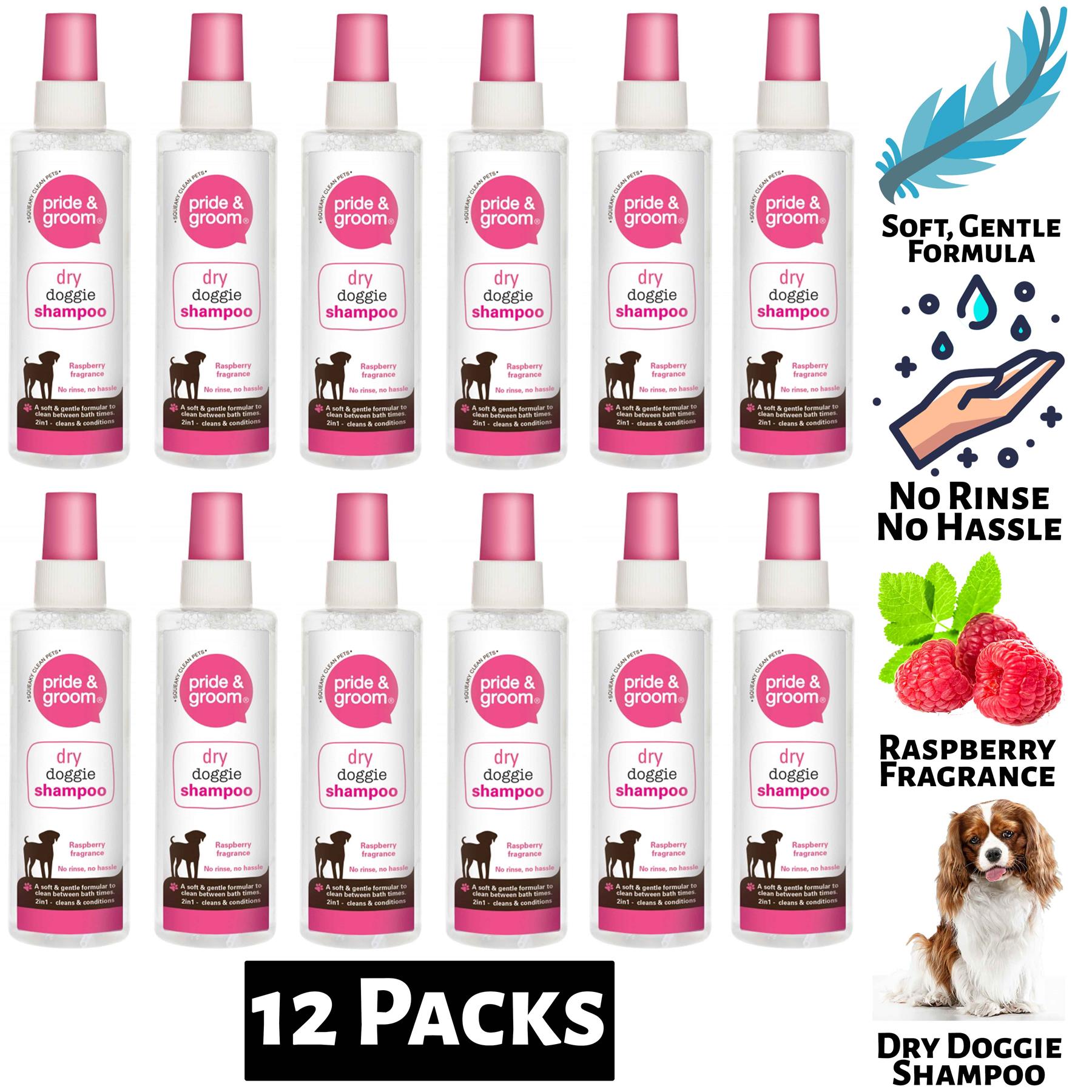 Twelve pack of Pride & Groom raspberry dry dog shampoo bottles with soft gentle formula and raspberry fragrance