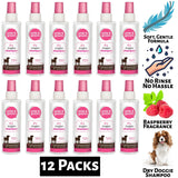 Twelve pack of Pride & Groom raspberry dry dog shampoo bottles with soft gentle formula and raspberry fragrance