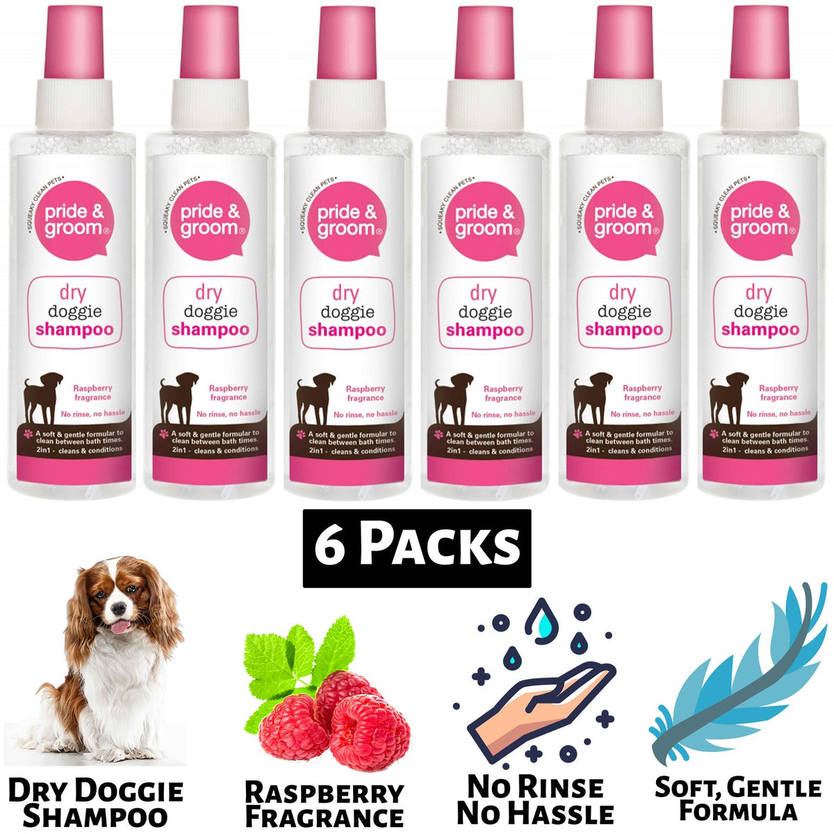6X Pride & Groom Raspberry Dry Dog Shampoo 200ml Pet supplies