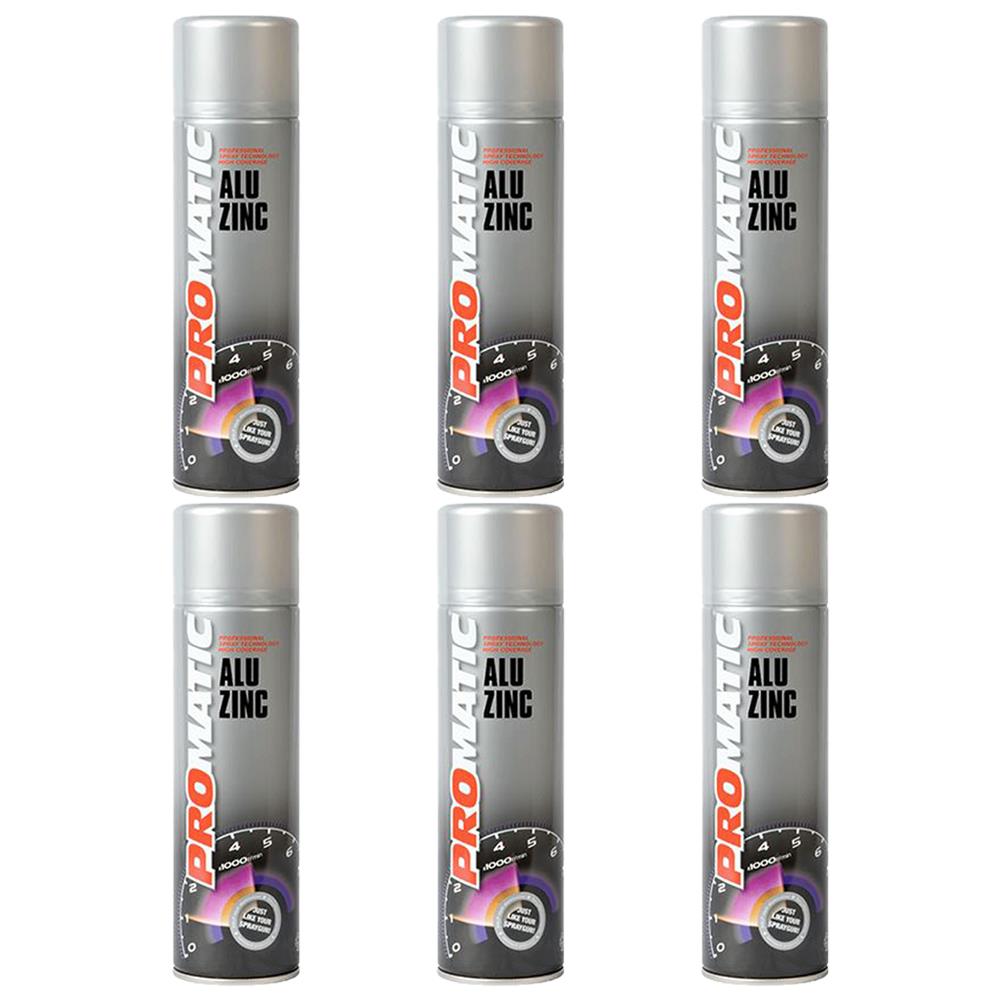 Six cans of Promatic Alu Zinc Spray Paint arranged in two rows on a white background