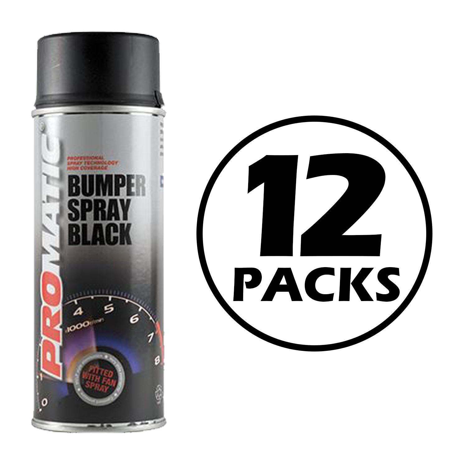 Promatic black bumper spray paint can with black cap and speedometer design available in 12 packs