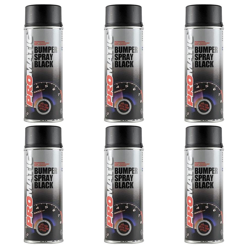 Six cans of Promatic black bumper spray paint with black caps and speedometer design on label