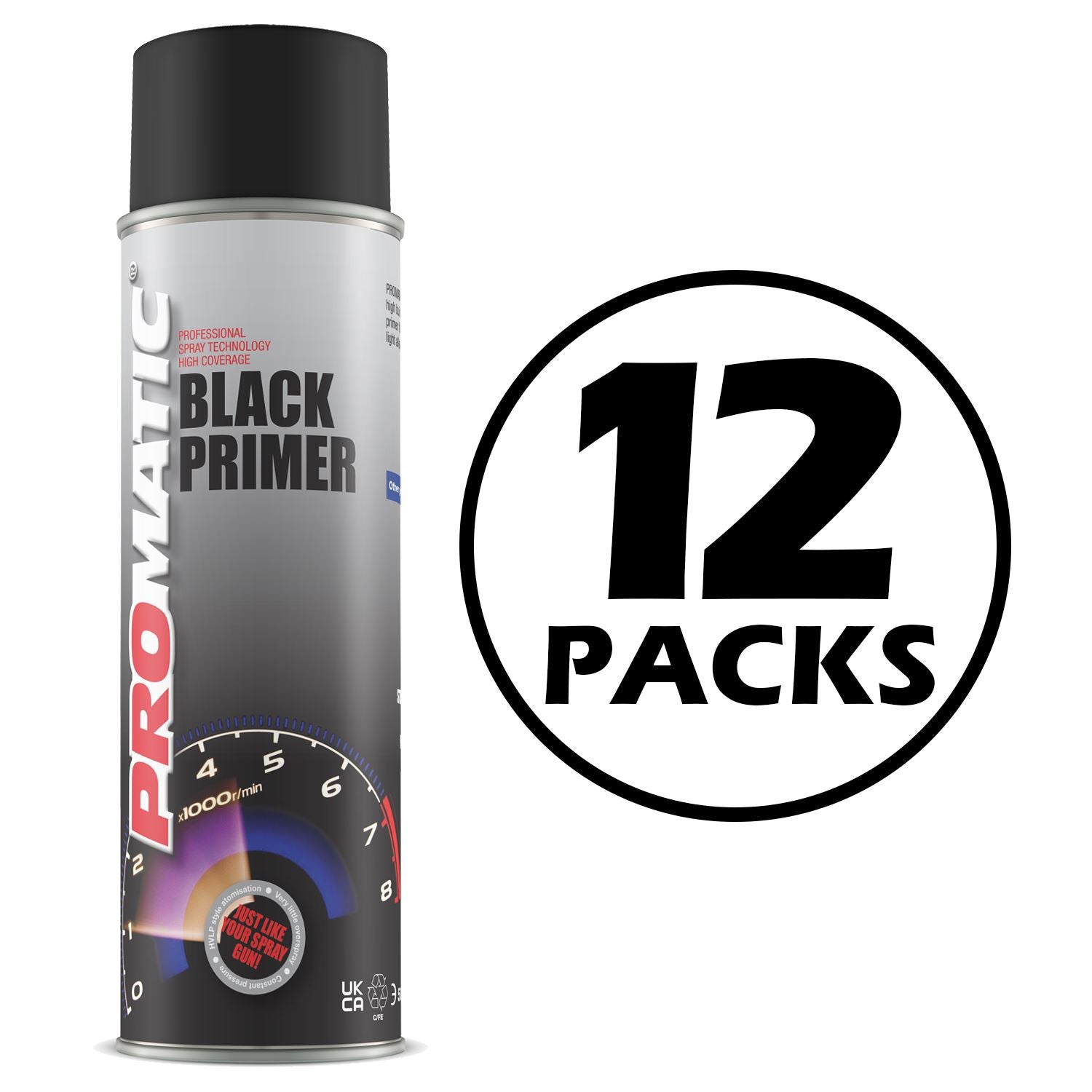 Promatic black primer spray 500ml can with speed dial and 12 packs label for professional use