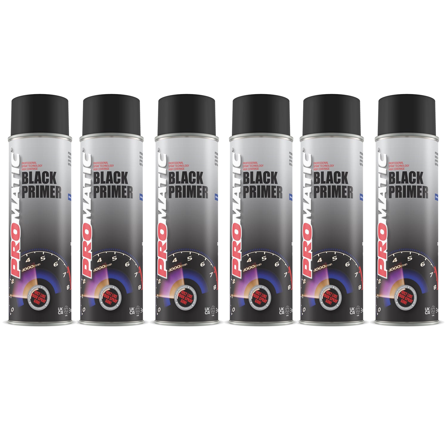 Six cans of Promatic black primer spray 500ml with black caps and gradient silver labels
