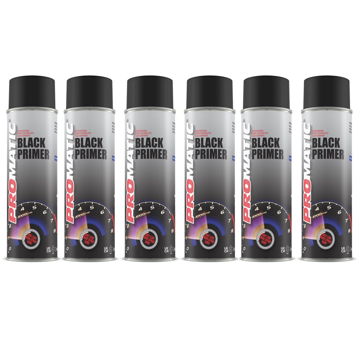Six cans of Promatic black primer spray 500ml with black caps and gradient silver labels