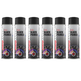 Six cans of Promatic black primer spray 500ml with black caps and gradient silver labels