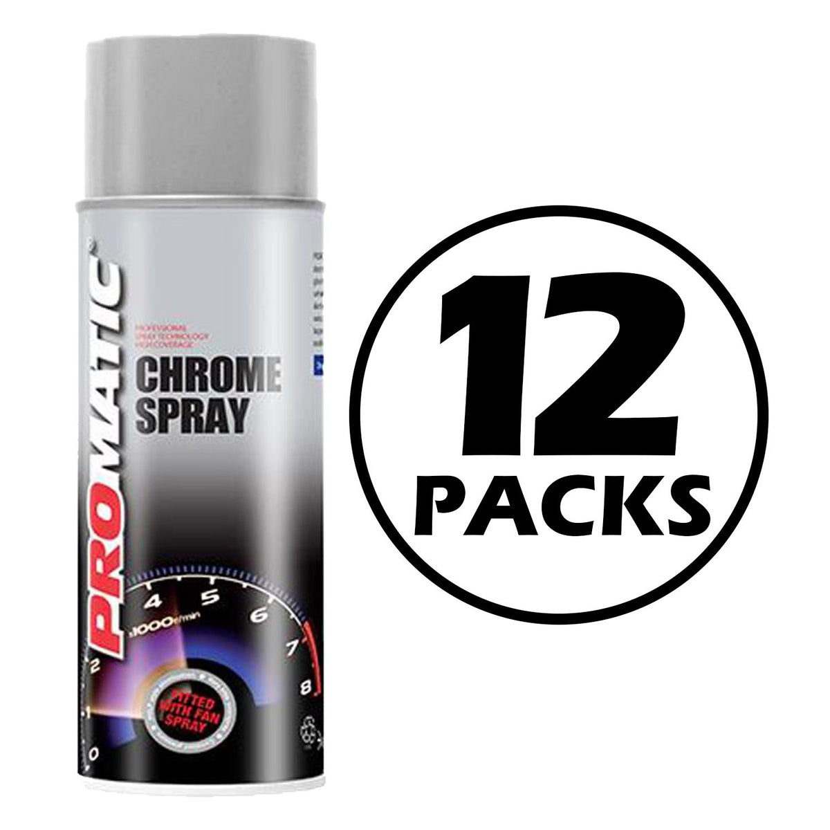 Promatic chrome spray paint 400ml can with metallic silver cap and black label shown in a 12 pack