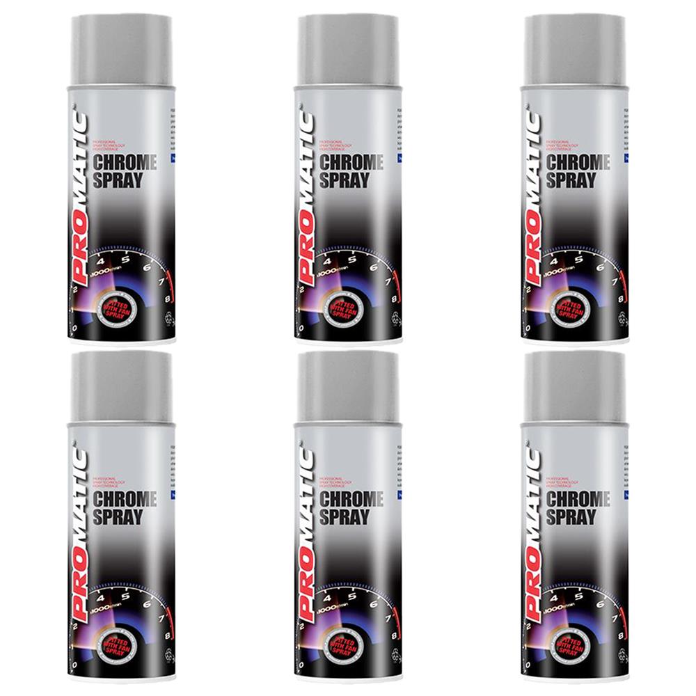 Promatic chrome spray paint 400ml cans arranged in two rows with gray caps and black labels