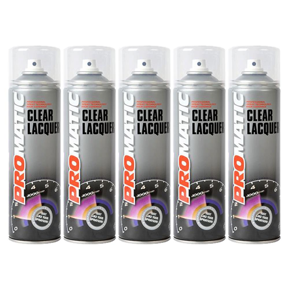 Five cans of Promatic clear lacquer spray paint with black, white, and red labeling for protective finishing