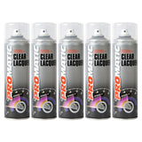 Five cans of Promatic clear lacquer spray paint with black, white, and red labeling for protective finishing