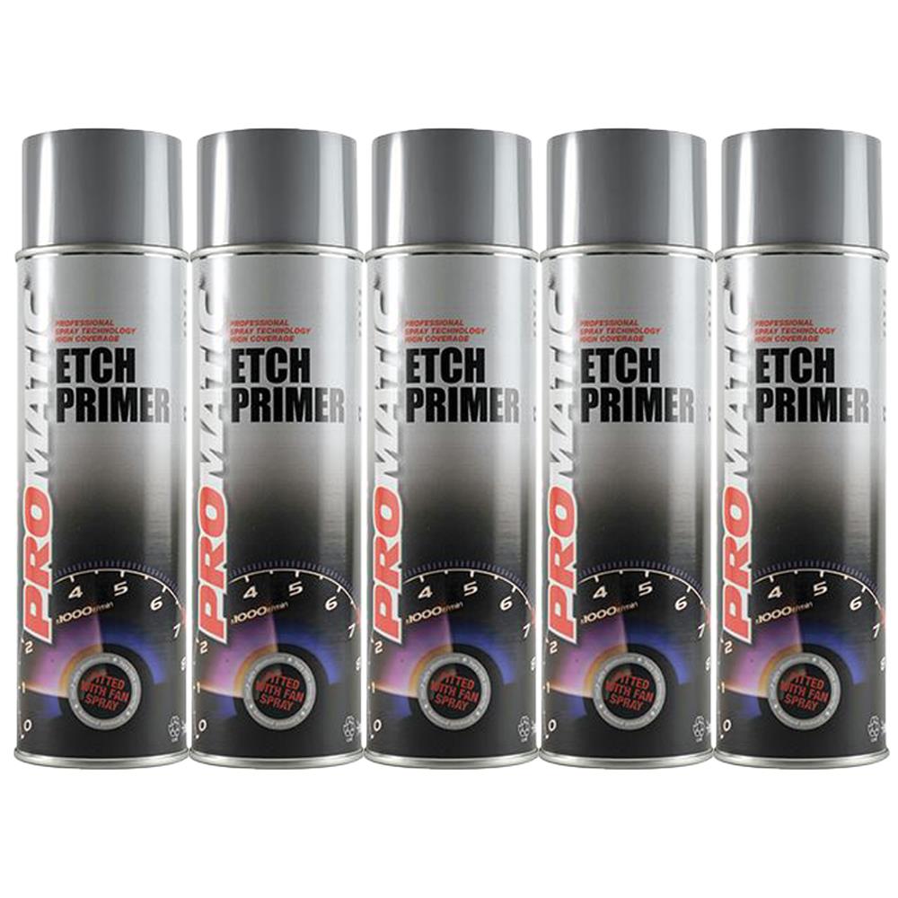 Five cans of Promatic etch primer spray with silver caps and black gradient design