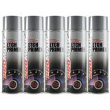 Five cans of Promatic etch primer spray with silver caps and black gradient design