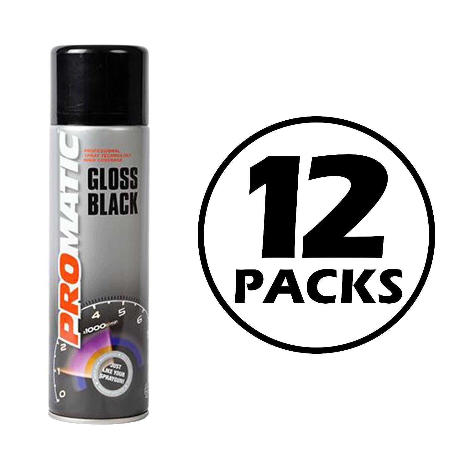 Promatic gloss black spray paint can with black cap and 12 packs label on white background