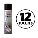 Promatic gloss black spray paint can with black cap and 12 packs label on white background