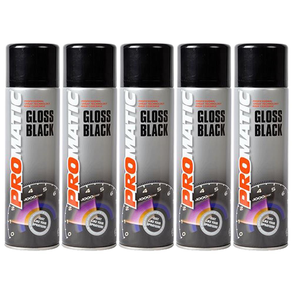 Five cans of Promatic gloss black spray paint with black caps and speedometer design on label