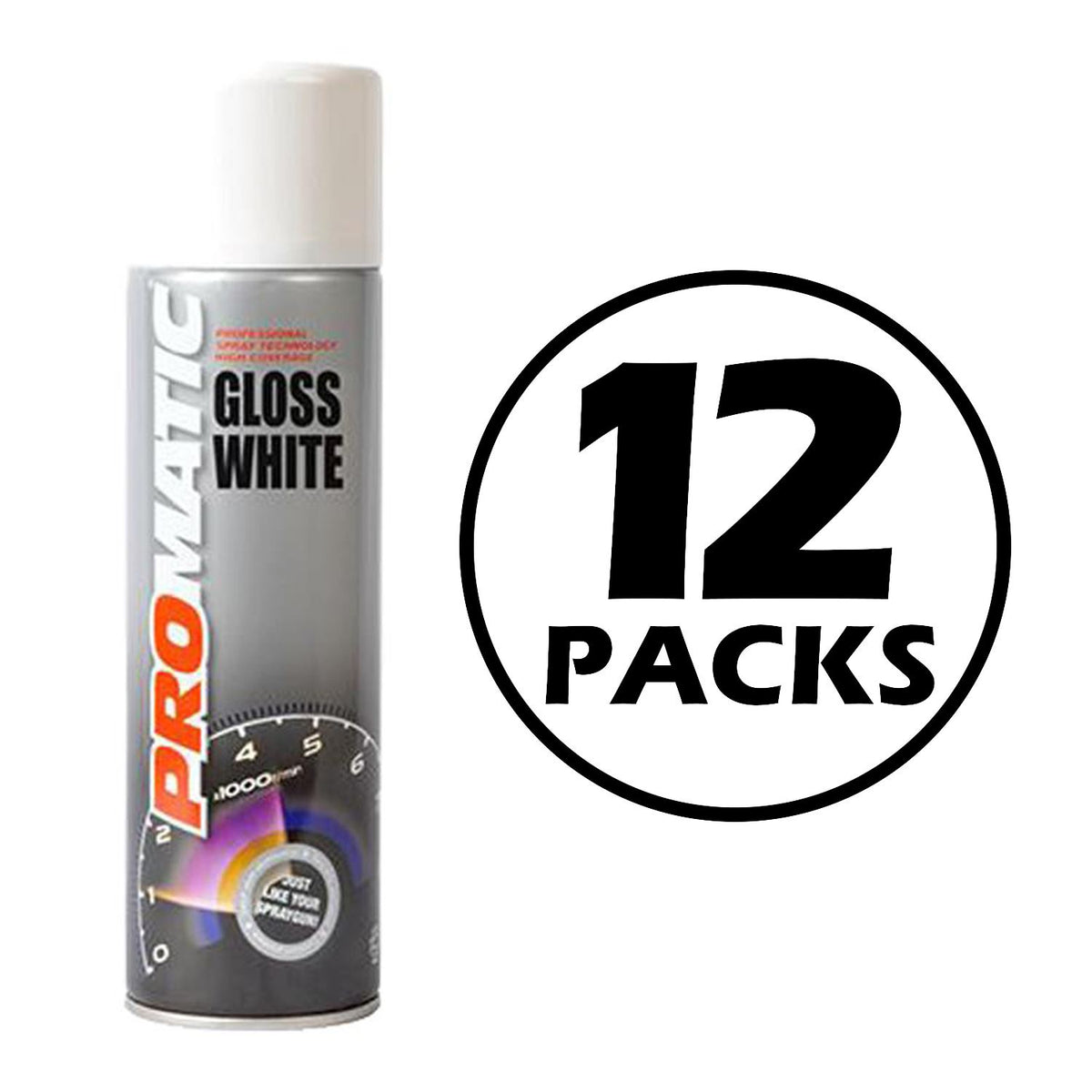 Promatic gloss white spray paint can with 12 packs label for professional use