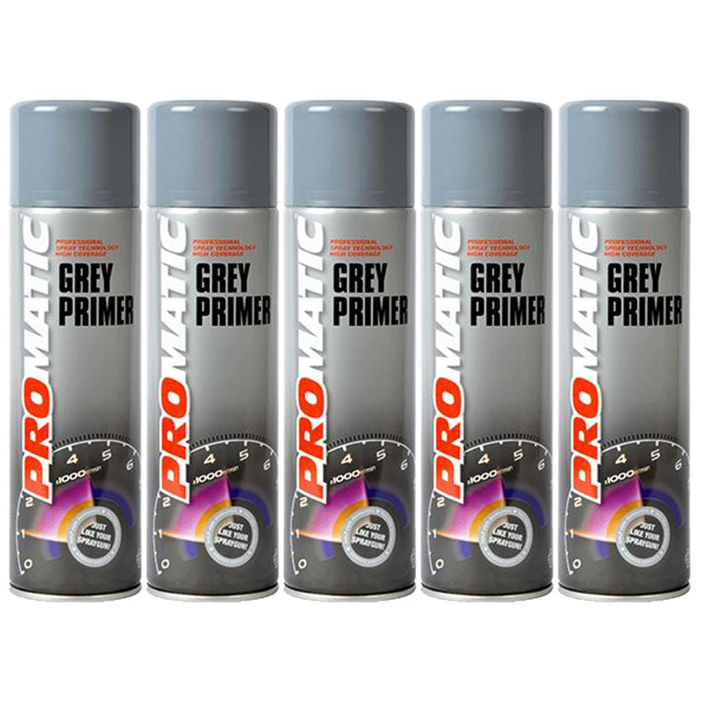 Five cans of Promatic grey primer spray with grey caps and professional spray paint design