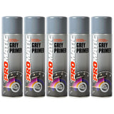 Five cans of Promatic grey primer spray with grey caps and professional spray paint design