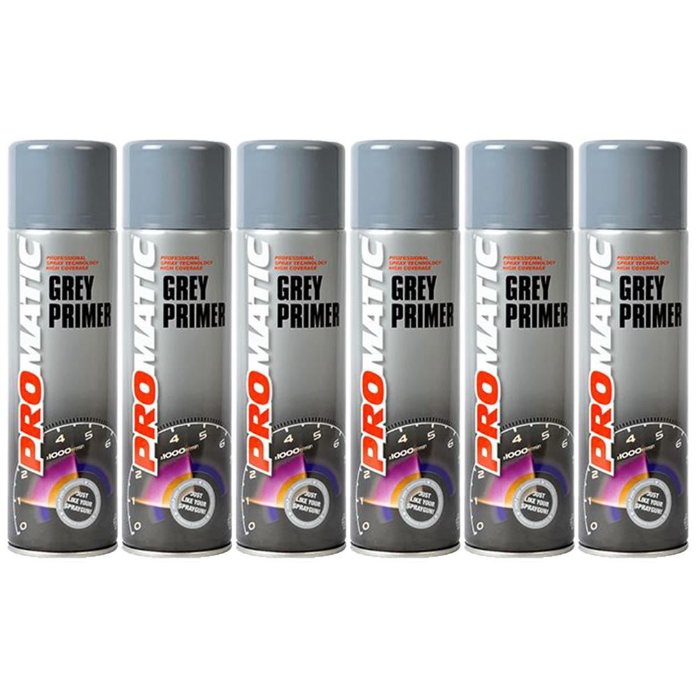 Six cans of Promatic grey primer spray paint with grey caps and detailed labels for surface preparation