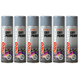 Six cans of Promatic grey primer spray paint with grey caps and detailed labels for surface preparation