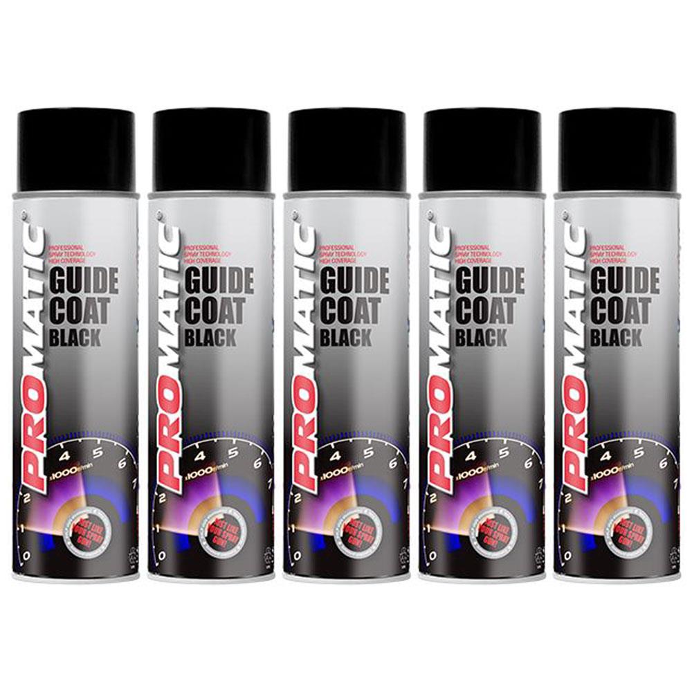 Five cans of Promatic guidecoat spray paint black with black caps and automotive-themed labels