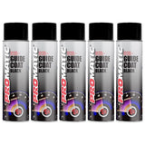 Five cans of Promatic guidecoat spray paint black with black caps and automotive-themed labels