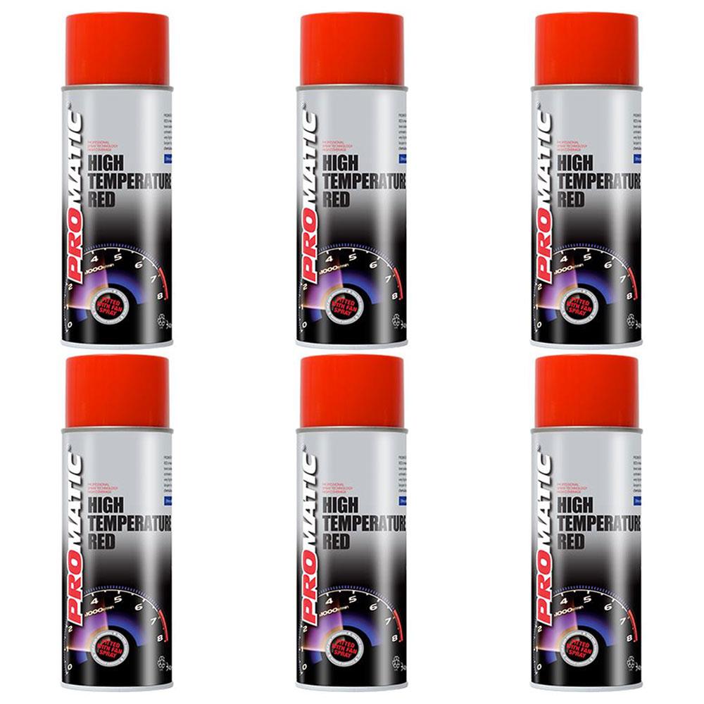 Six cans of Promatic high temperature red spray paint with red caps and temperature gauge design