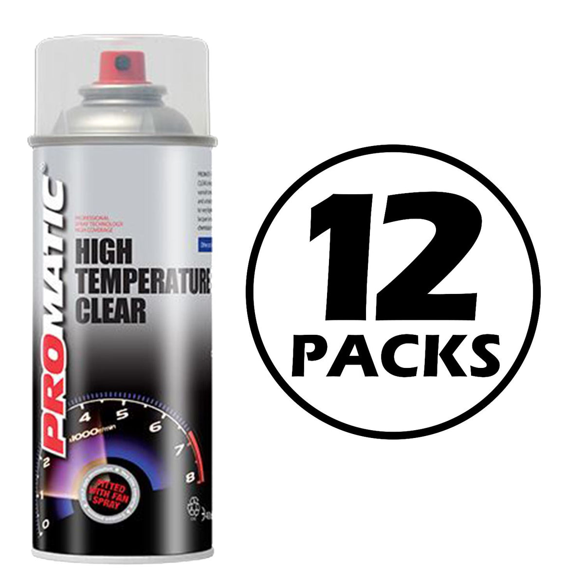Promatic high temperature spray paint clear finish can with 12 pack label