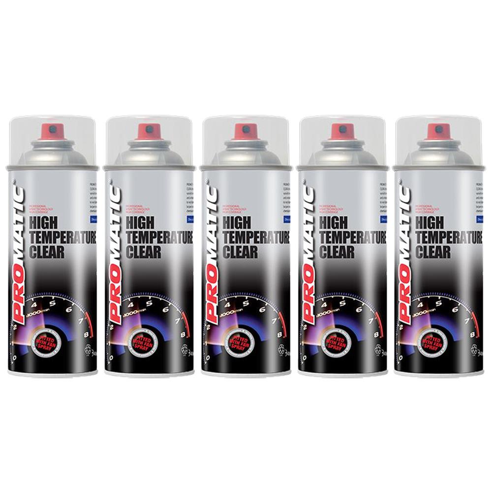Five cans of Promatic high temperature spray paint clear with red caps and heat gauge design