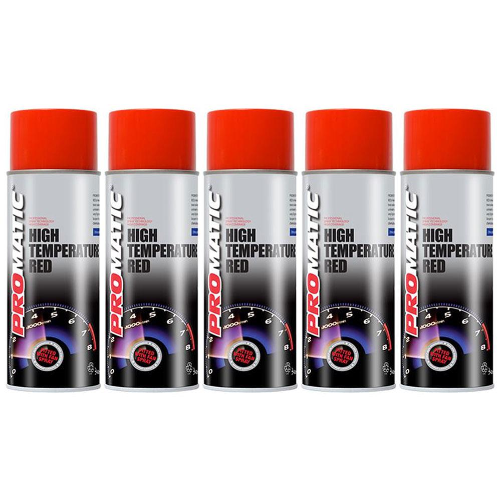 Five cans of Promatic high temperature spray paint in red with orange caps for heat-resistant applications