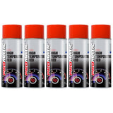 Five cans of Promatic high temperature spray paint in red with orange caps for heat-resistant applications