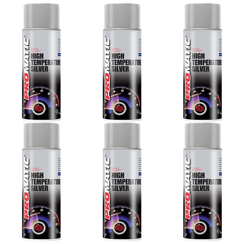Promatic high temperature spray paint silver cans arranged in two rows of three