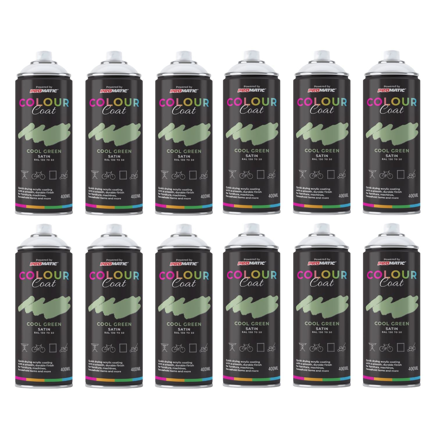 Set of Colour Coat Cool Green Spray Paint Cans for DIY projects, ideal for paint with spray gun use