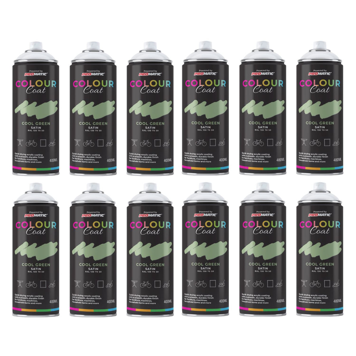 Set of Colour Coat Cool Green Spray Paint Cans for DIY projects, ideal for paint with spray gun use