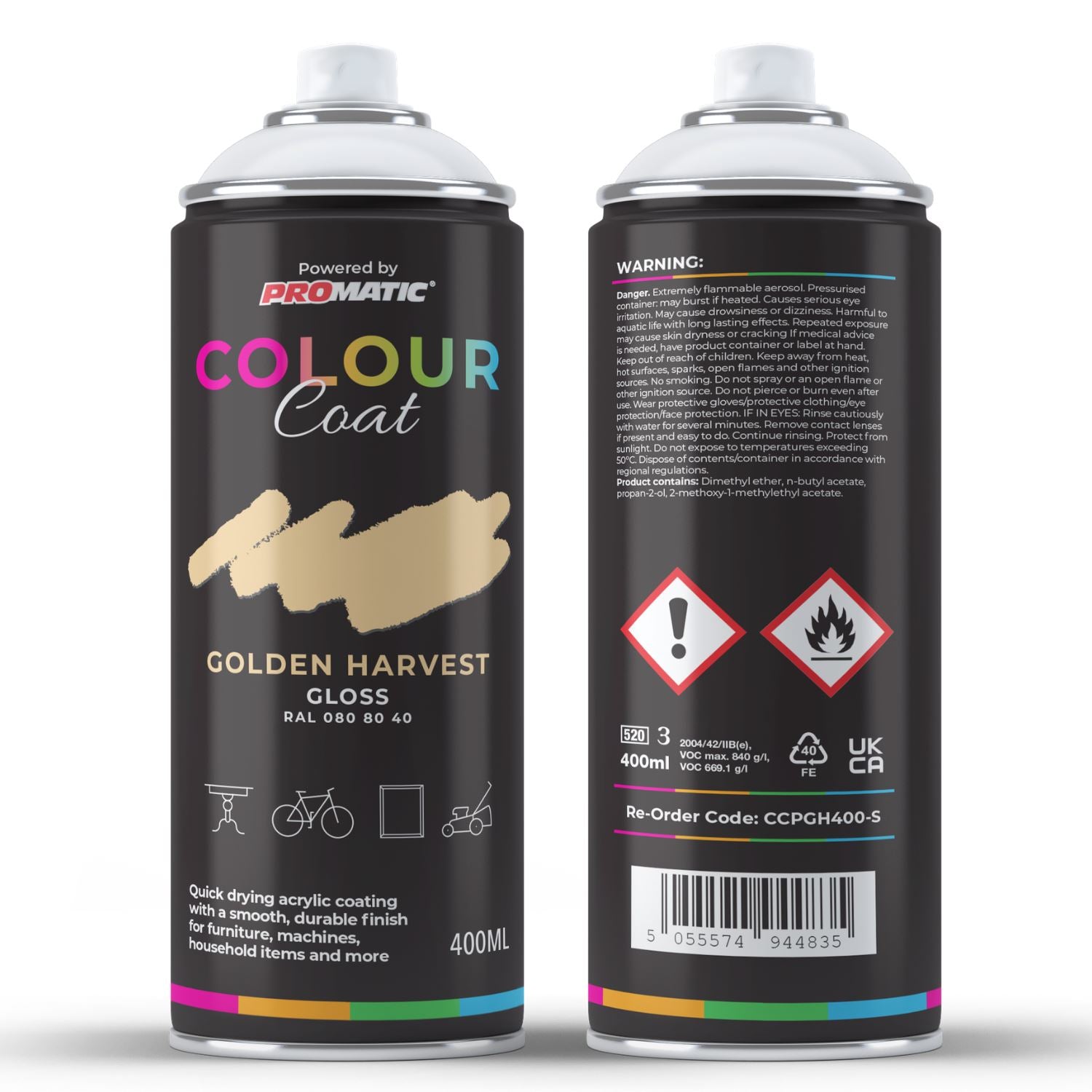Colour Coat Golden Harvest Gloss Spray Paint can for use with a paint with spray gun, 400ML size.
