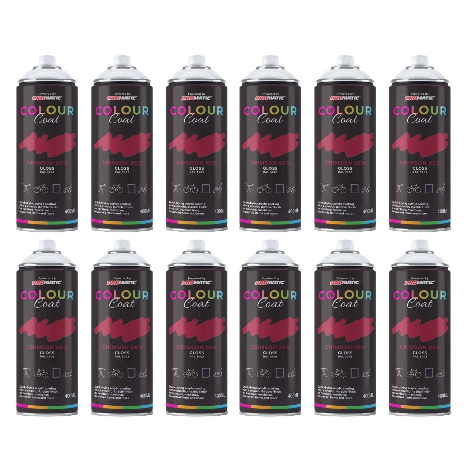 Colour Coat red color spray paint cans arranged in a grid, suitable for various surfaces