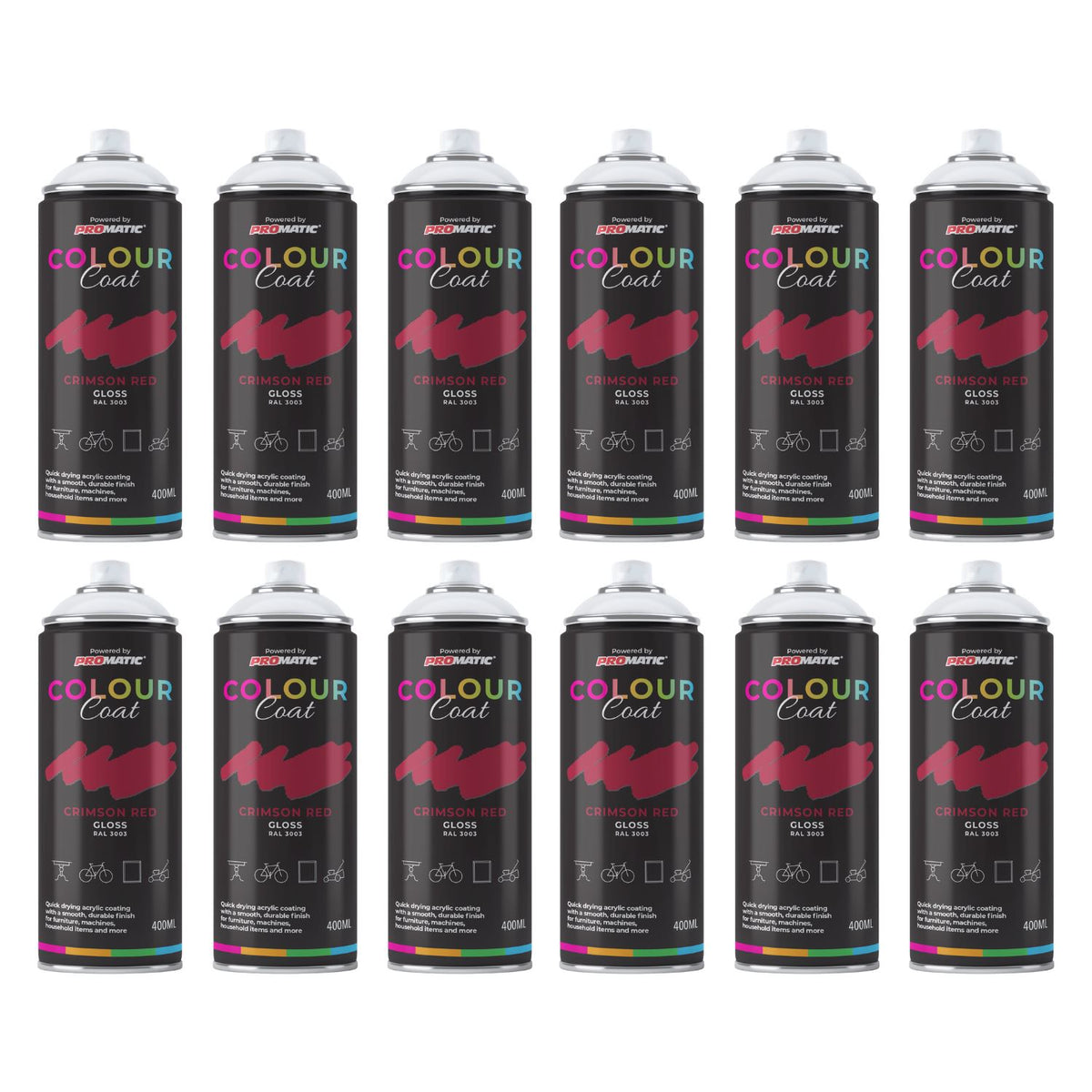 Colour Coat red color spray paint cans arranged in a grid, suitable for various surfaces