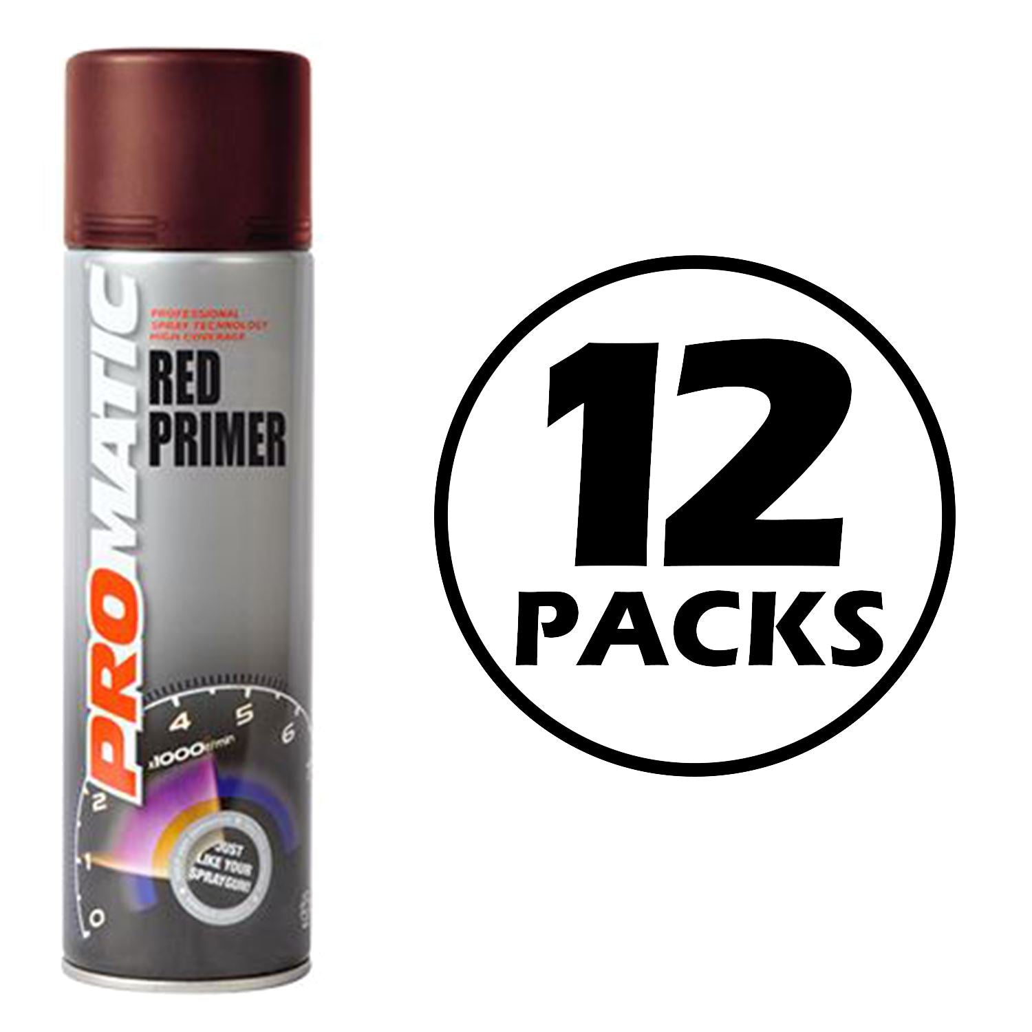 Promatic red primer spray 500ml can with brown cap in a 12 pack set
