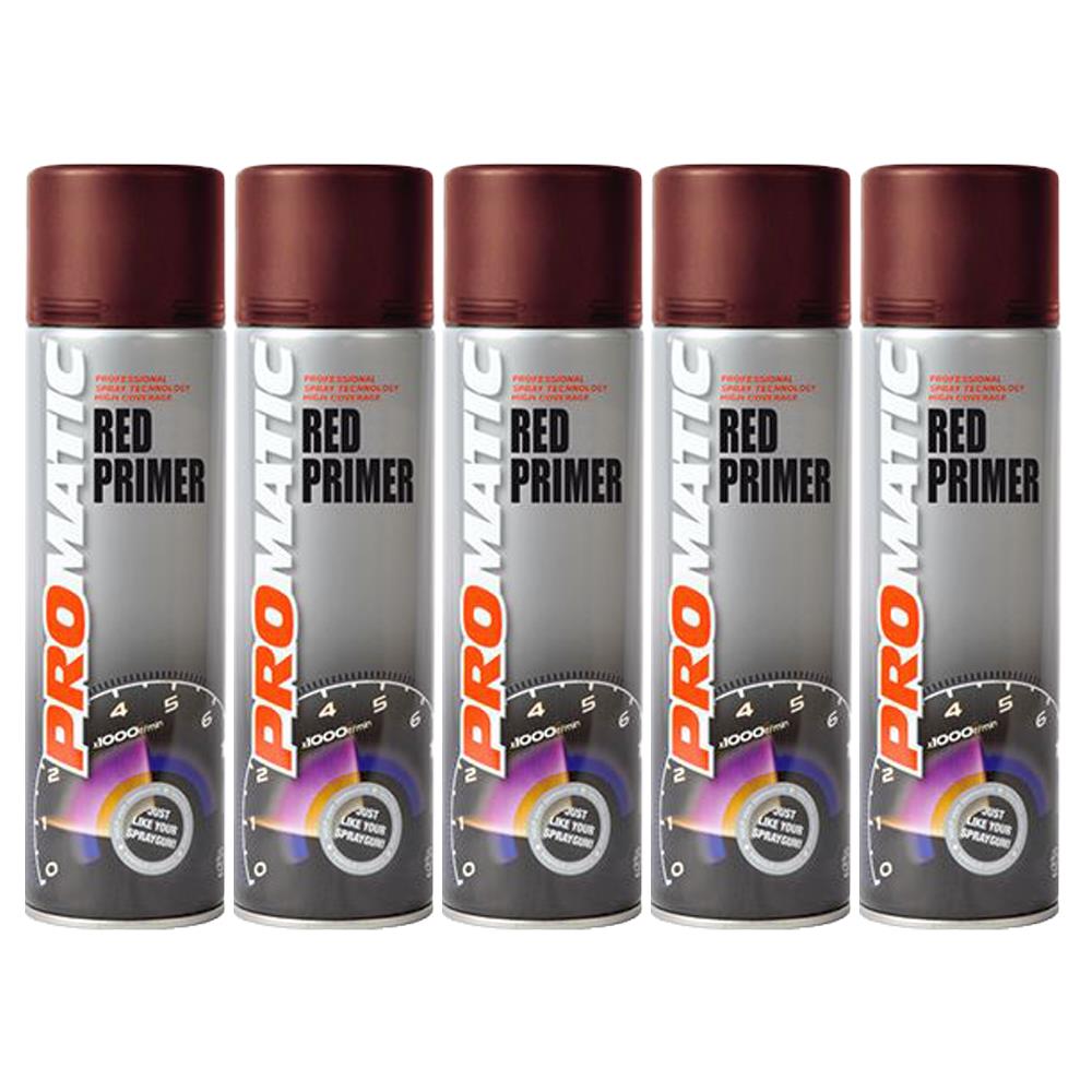 Five cans of Promatic red primer spray paint with brown caps and speedometer graphic on each can