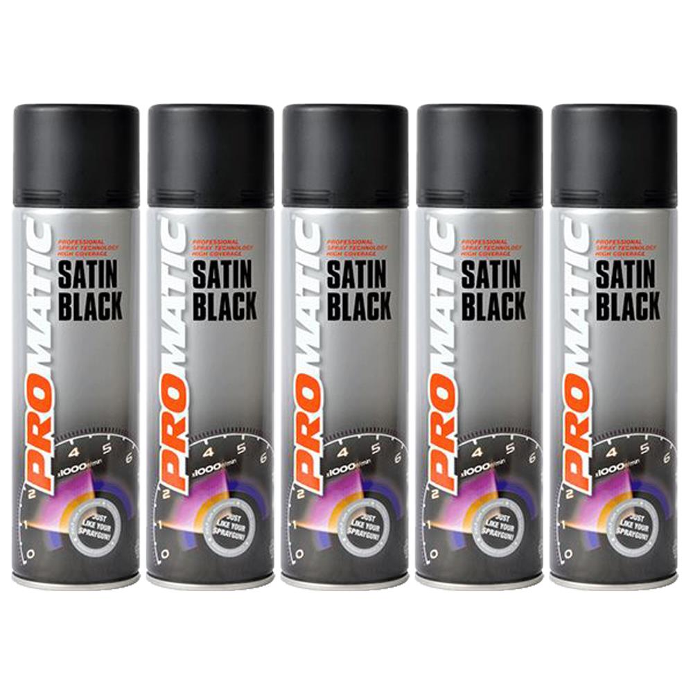 Five cans of Promatic satin black spray paint 500ml with black caps and professional label design