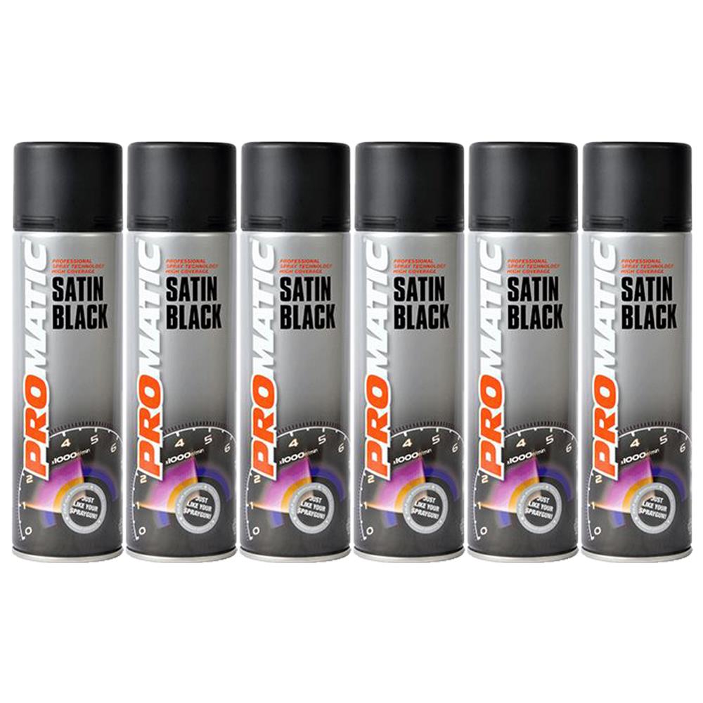 Six cans of Promatic satin black spray paint with sleek black caps and professional labeling