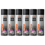 Six cans of Promatic satin black spray paint with sleek black caps and professional labeling