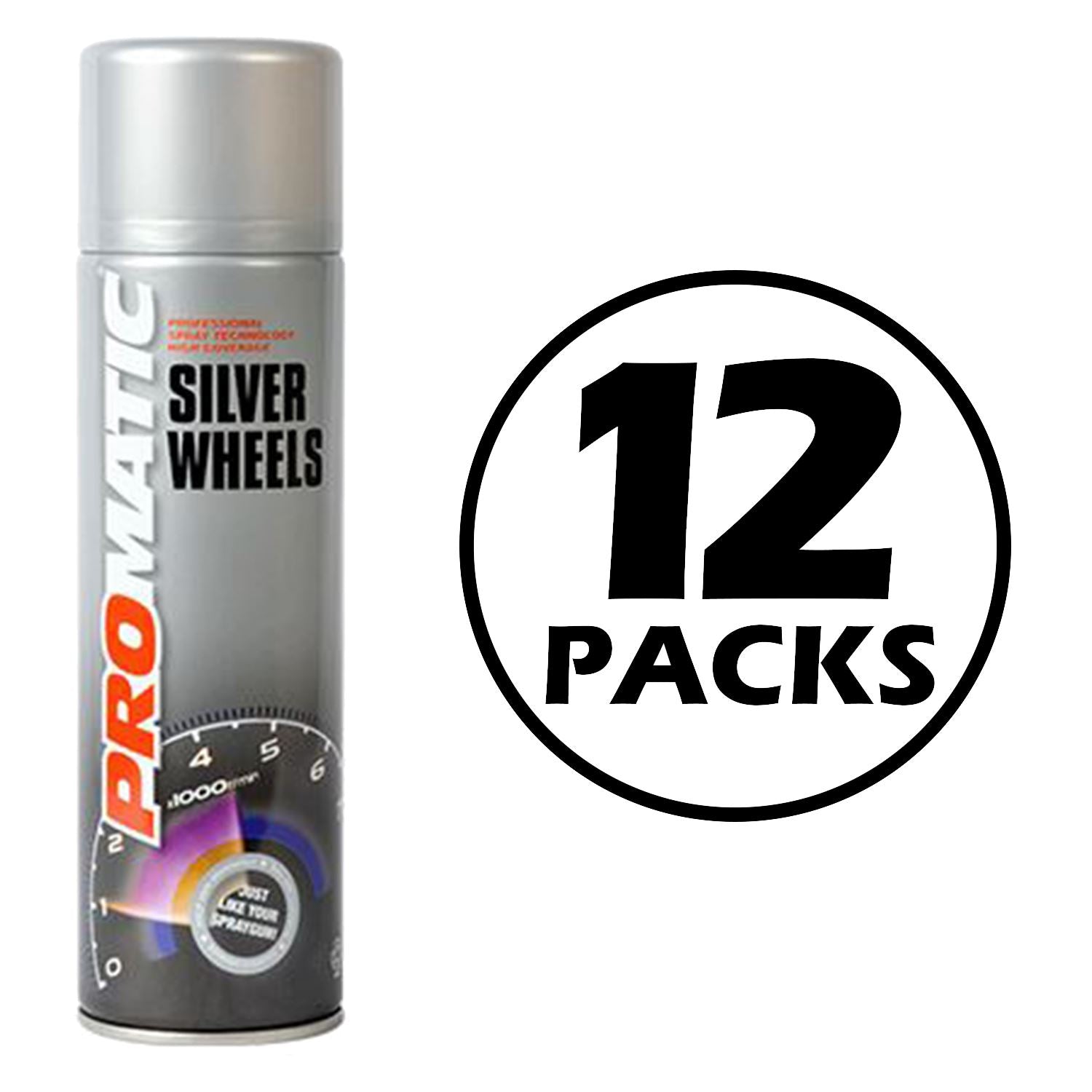 Promatic silver wheel spray paint can with 12 packs label for automotive use