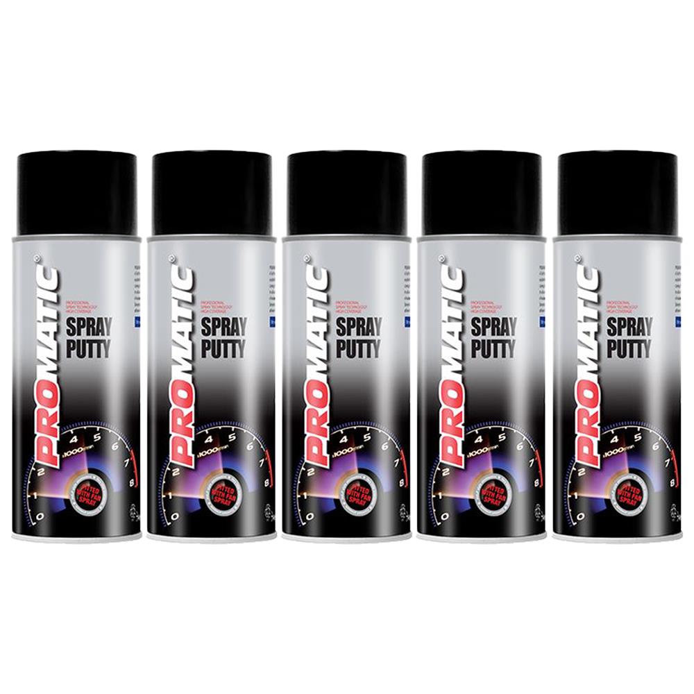 Five cans of Promatic spray putty paint 400ml with black caps and speedometer graphic on label