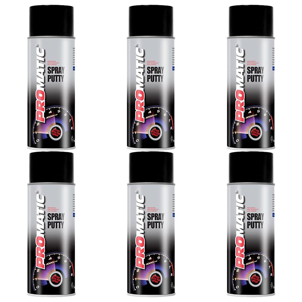 Six cans of Promatic spray putty paint technical spray with black caps and speedometer design