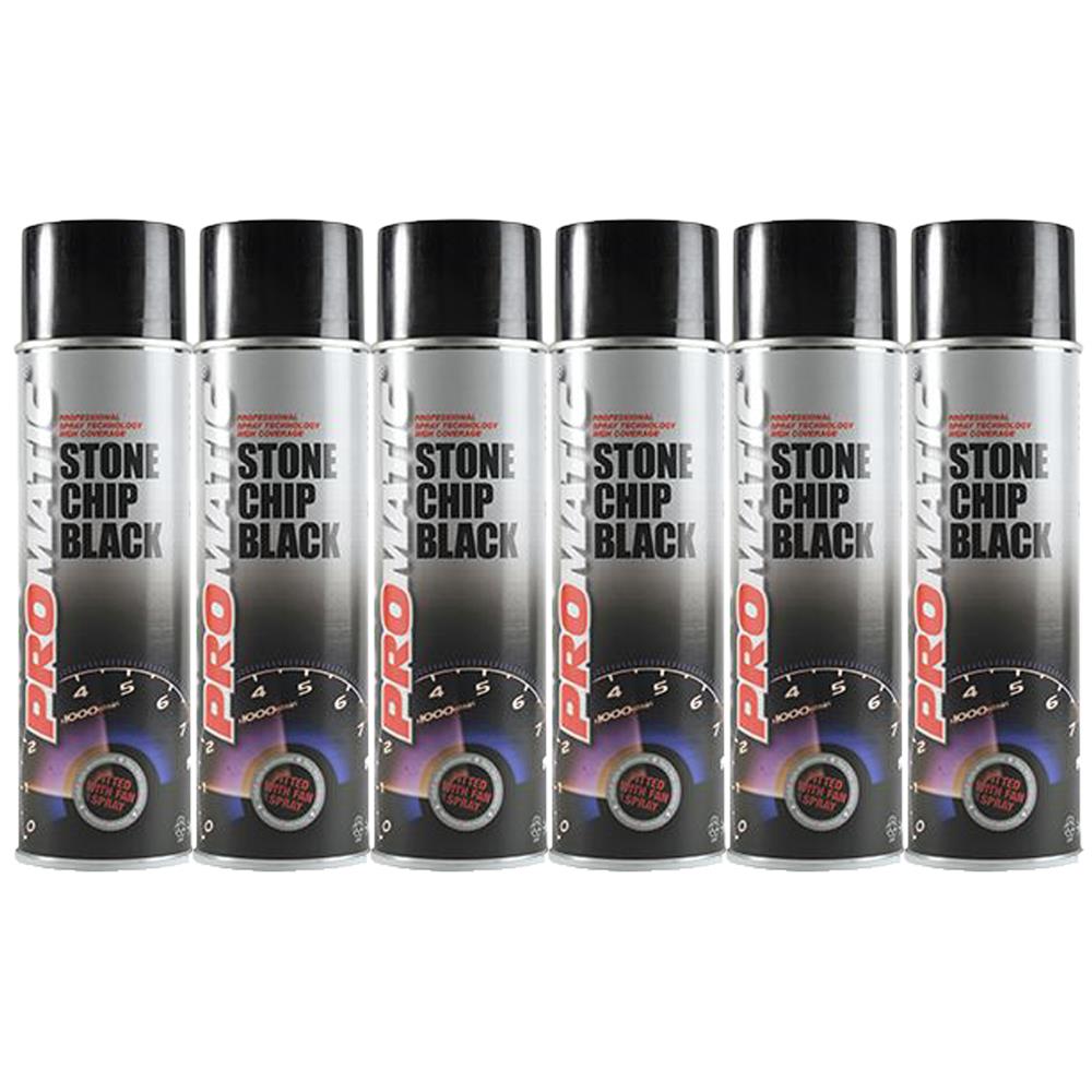 Six cans of Promatic stonechip black spray paint with black caps for automotive protection