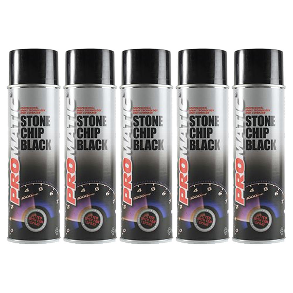 Five cans of Promatic stonechip spray paint black for automotive rust and stone chip protection