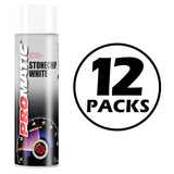 Promatic Stonechip White Spray Paint can with black and white label and 12 packs text