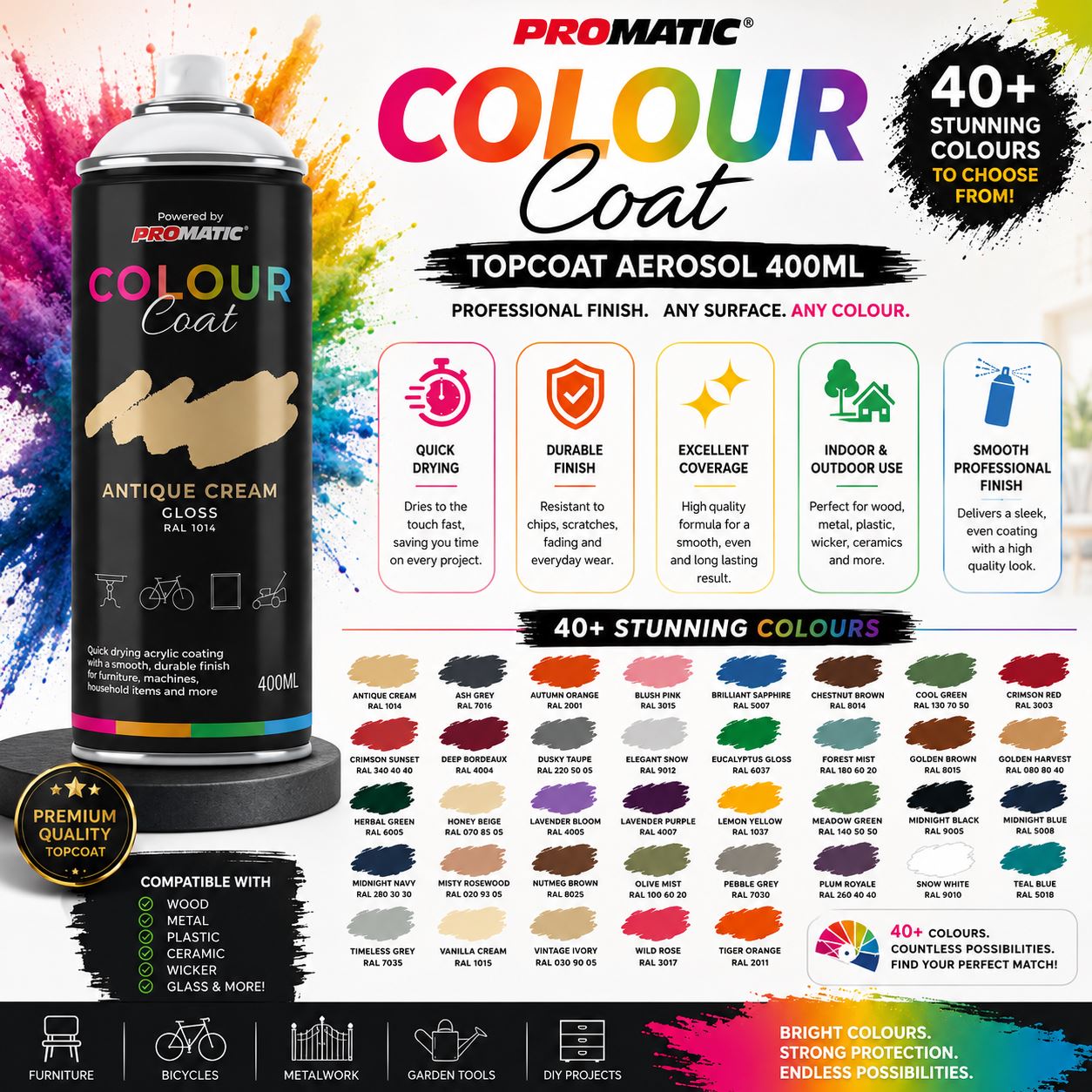 Colour Coat Topcoat Aerosol Spray Paint in Antique Cream with unique colours for various surfaces