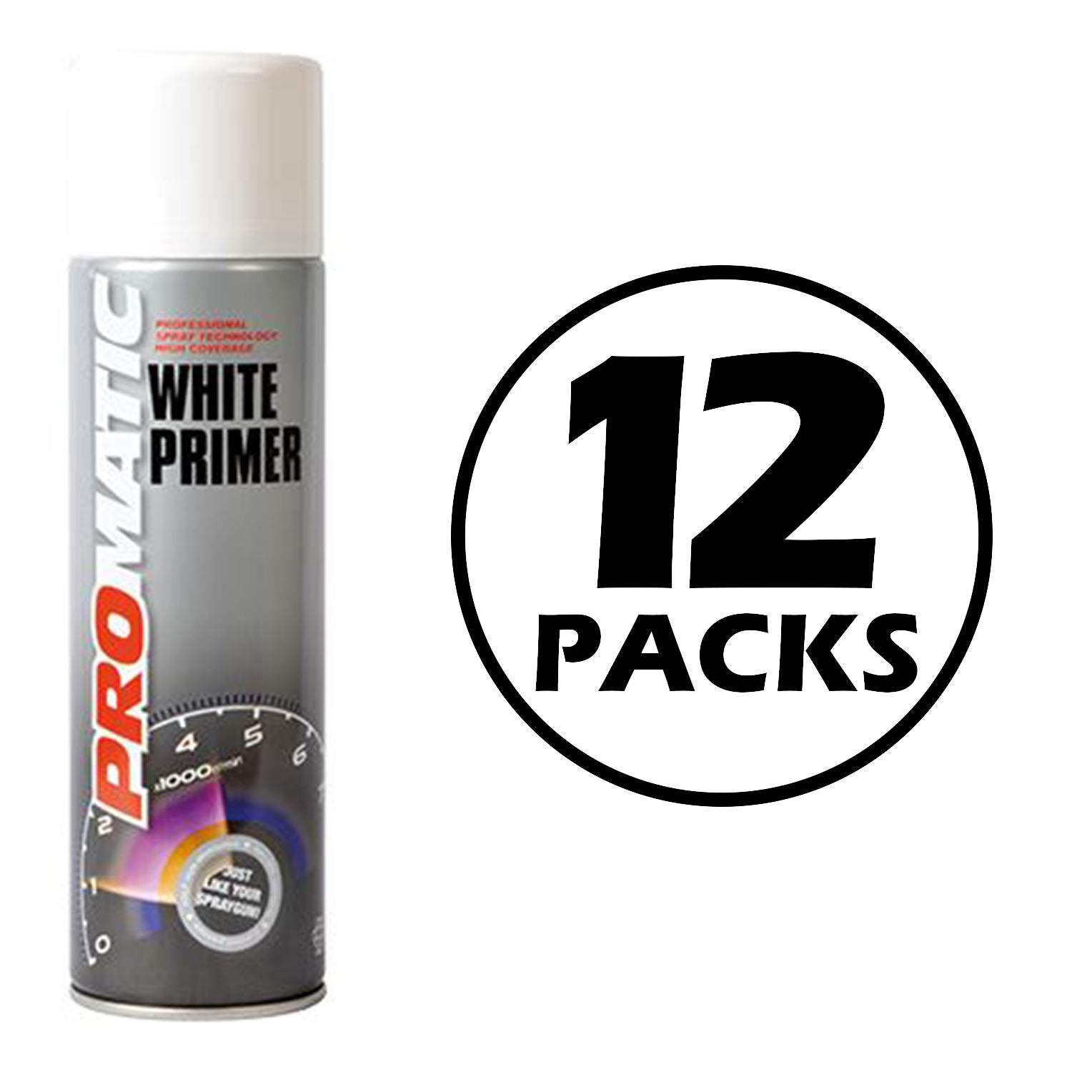 Promatic white primer spray paint can with a white cap and 12 packs label